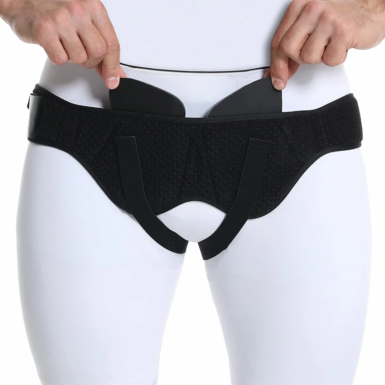 Ceinture hernie inguinale homme: bilatéral et réglable. Ceinture orthopédique: slip hernie inguinale élastique. Slip herniaire homme avec 2 coussinets de compression. (M)