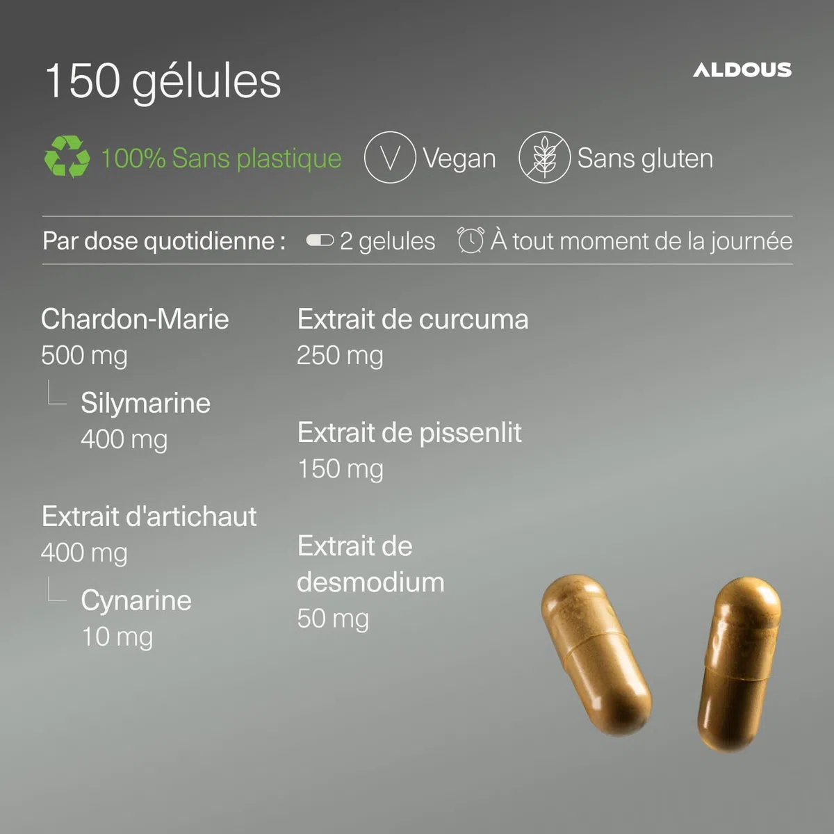 Chardon Marie avec Curcuma, Artichaut Pissenlit et Desmodium - 150 Gélules - 80% Silymarine - Hautement Concentré Extrait de Chardon Marie - Détox Foie, Digestion Difficile et Ballonnements - ALDOUS