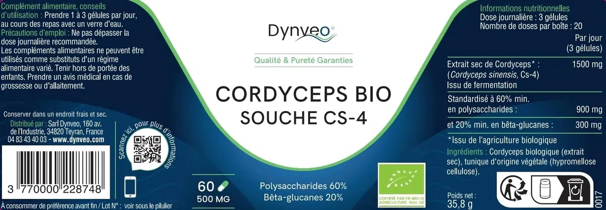 Cordyceps Sinensis Bio - Champignon vegan issu de fermentation végétale - Extrait concentré 60% polysaccharides & 20% bêta-glucanes - 500mg / 60 gélules - Souche CS-4 - Qualité Premium - Dynveo