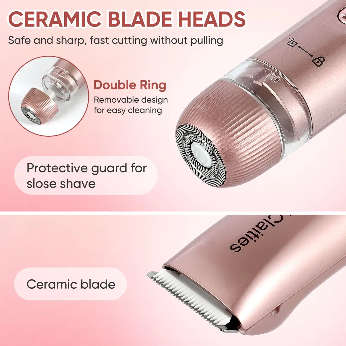 Rasoir électrique 2 en 1 pour femme à double tête IPX7 étanche pour utilisation humide et sèche - Tondeuse pour poils du corps et du visage - Pour bikini, aisselles, jambes, bras, corps et visage
