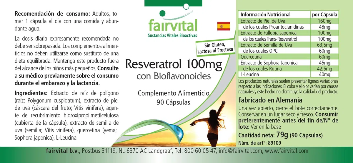 fairvital Resvératrol 100mg en gélules avec bioflavonoïdes, 90 gélules, VÉGÉTALIEN, avec rutine, OPC et quercétine