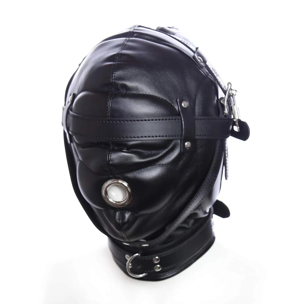 Noir Masque de tête unisexe Bondage Fétiche SM Cuir avec ouverture de bouche Cuir Tous les masques inclus Jouets sexuels Bandeau pour les yeux avec serrure pour les couples Cosplay Réglable Fétiche