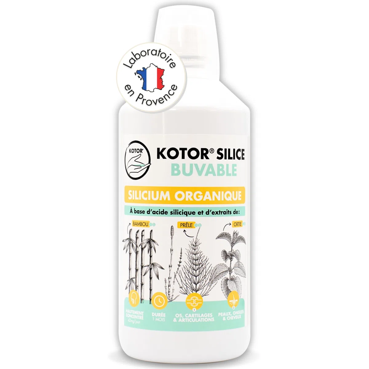 KOTOR SILICE BUVABLE 1L | Silicium Organique Francais & Naturel | Fortement Dosé | Santé des Articulations, Cartilages, Os, Peau, Cheveux, Ongles | Silicium + Ortie + Prêle + Bambou | 1 mois
