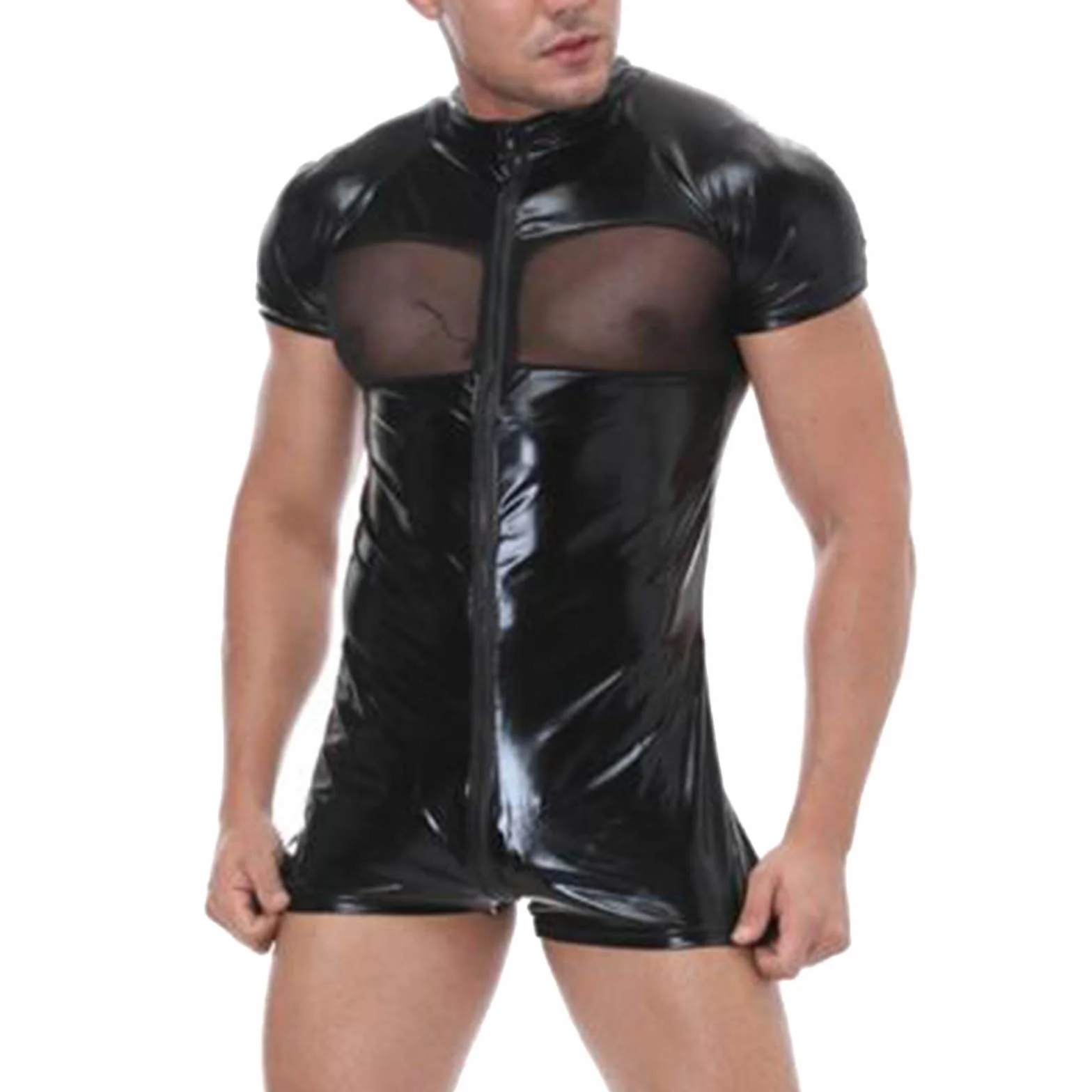 Latex Tenue Techno pour homme - Effet mouillé - Maillot de corps en cuir - T-shirt en maille - Clubwear - Débardeur - Coupe ajustée - Chemise en cuir - Lingerie pour homme