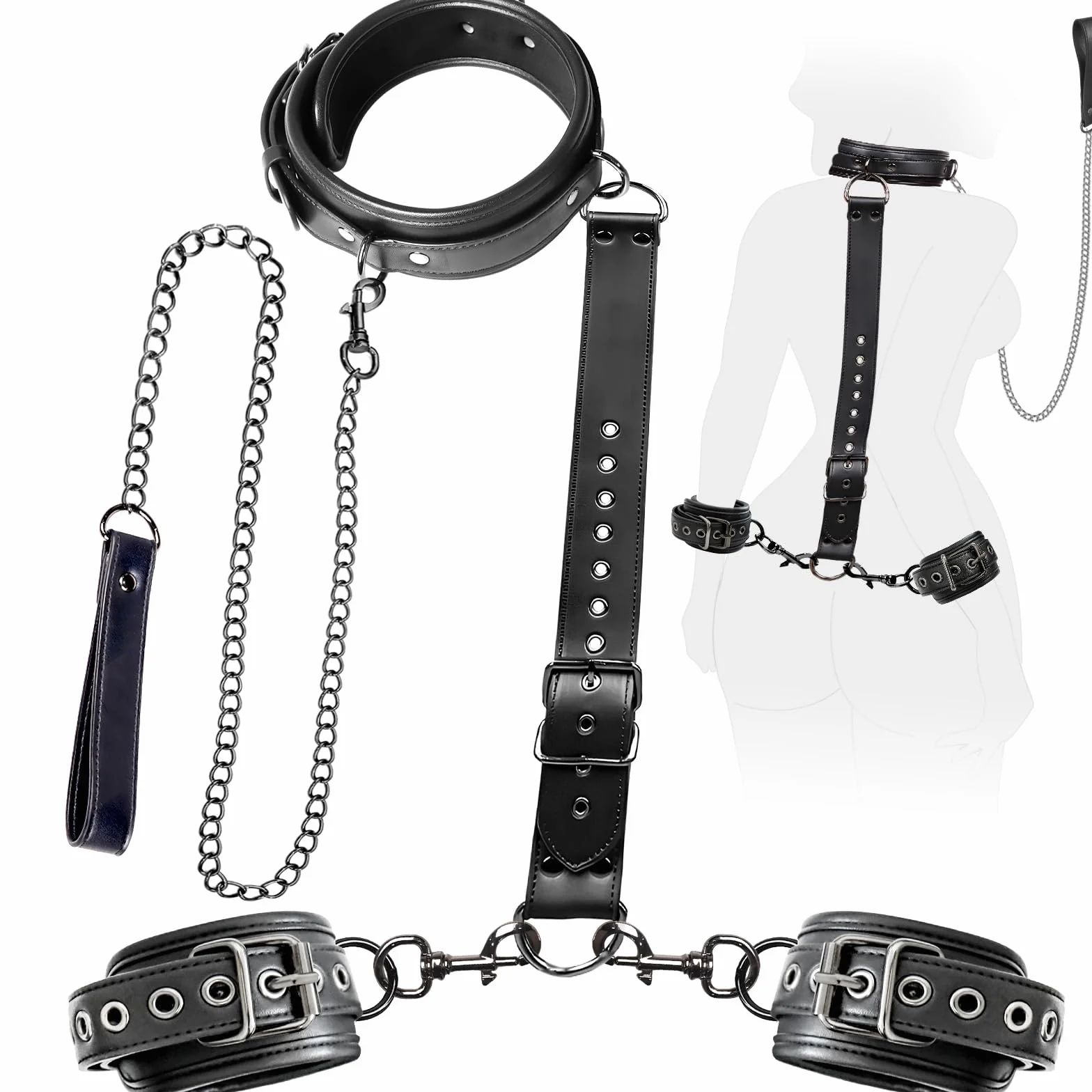 Sex Toýs Couple Femme BDSM Kits de Bondage Menottes Sex Lit,Retenue du Cou au Poignet avec Chaîne Traction, Réglables Menottes Sexy Érotique et Collier Sex Toys pour Adulte Couple Jeu de Rôle Play
