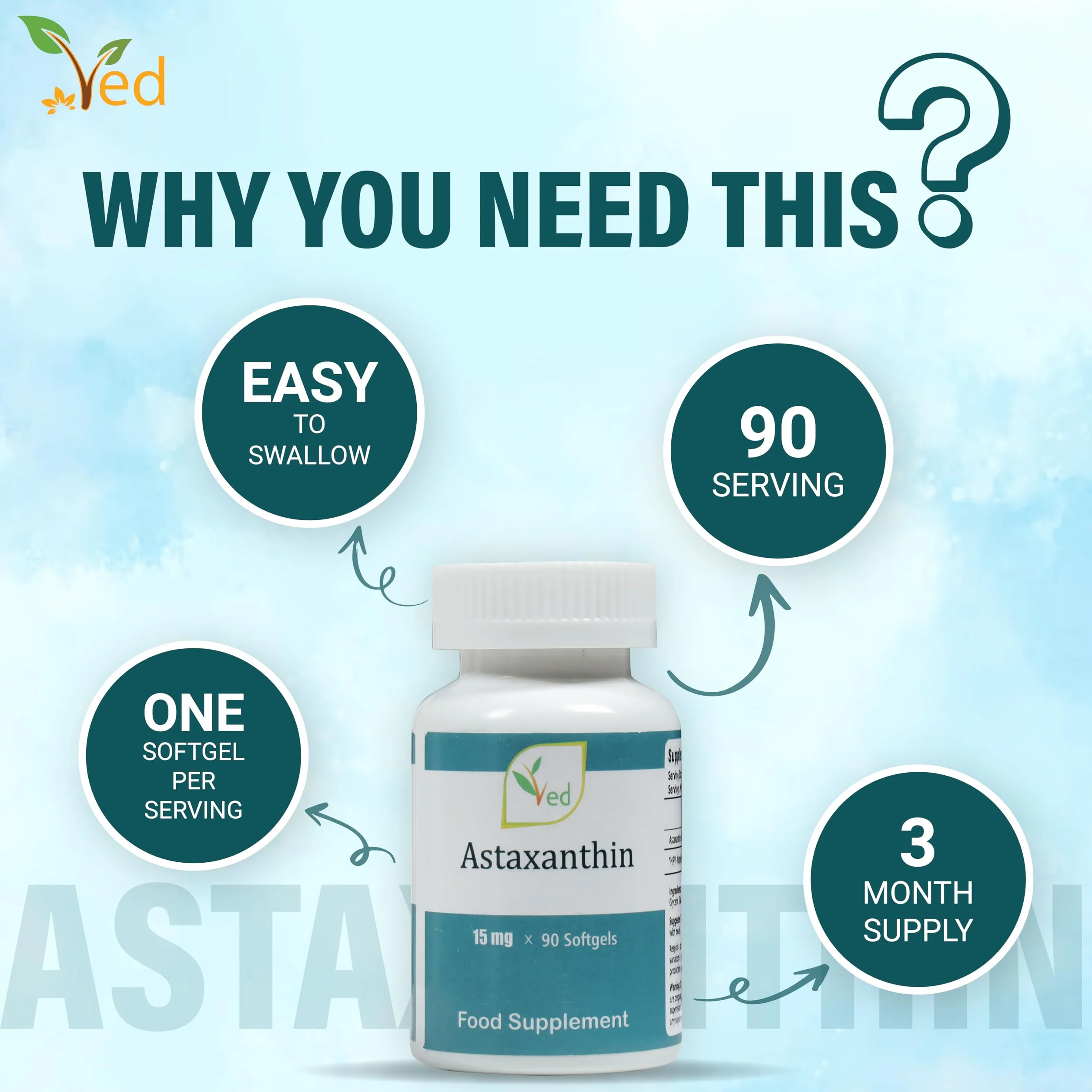 Capsules d'astaxanthine Ved | Soutenir un système immunitaire sain | Soutenir la santé des articulations et des tendons | 15mg 90 Gélules Antioxydant Anti-Radiaire Libre