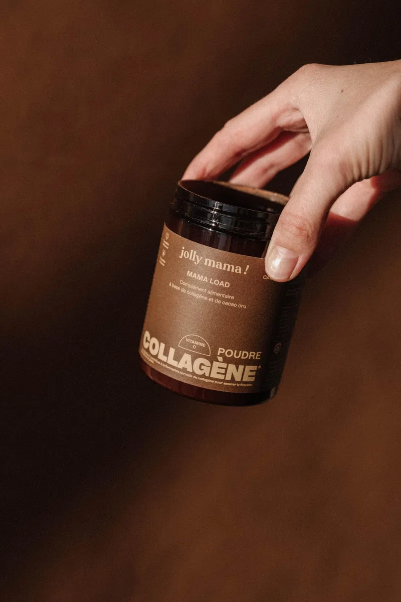 Jolly mama! Mama Load | Poudre à Boire, Collagène Marin au Cacao | Enrichi en Vitamine C | Peau & Cartilage | Sans Gluten | Compatible Grossesse & Allaitement | Fabriqué en France | Pot 112g
