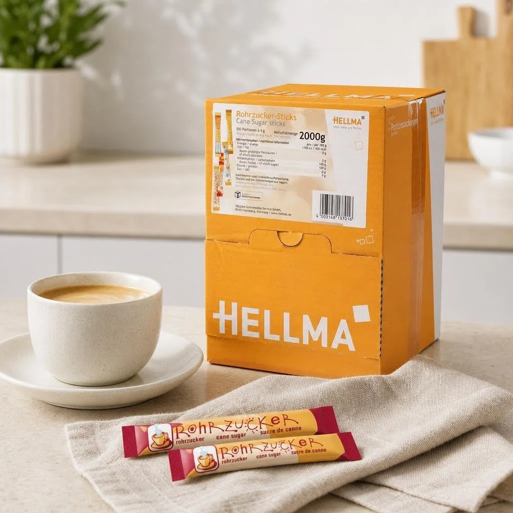 HELLMA Sticks de sucre de canne, dans pr‚sentoir emballage unitaire contenu: 500 piŠces de 4 g (40013701/ 60000084)