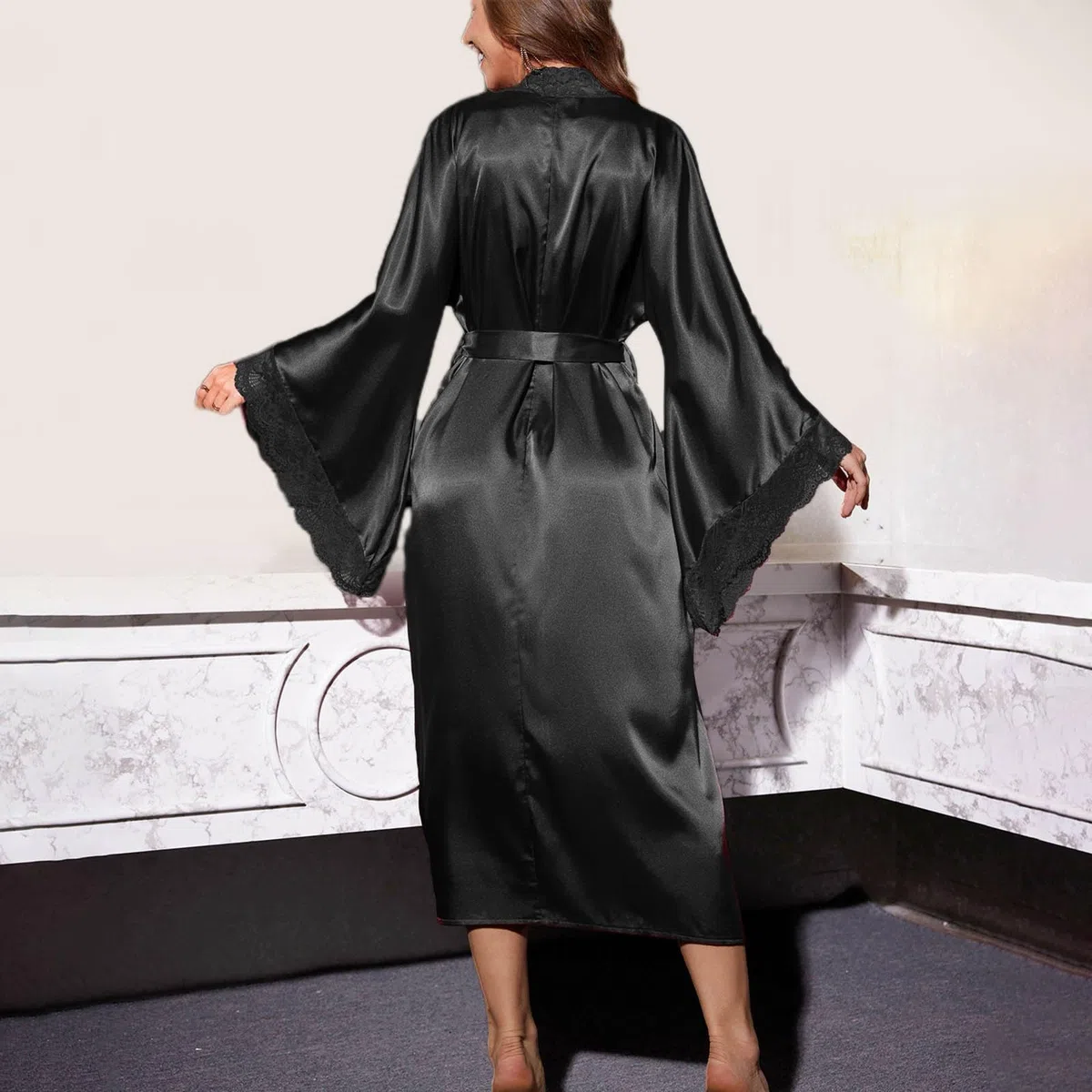 Peignoir long en satin pour femme - Kimono japonais - Avec ceinture - Dentelle - Peignoir de mariée - Lingerie érotique - Tenue en satin de soie - Loungwear - Nuisette pour mariage et fête