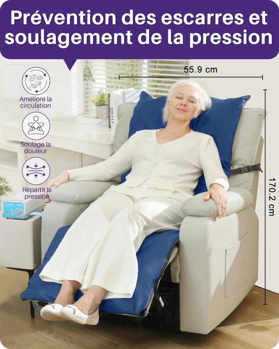 Kekoy Matelas Anti-Escarre pour Fauteuils Relax, Pompe Silencieuse, Housse Imperméable, Idéal pour Personnes Âgées et Récupération Postopératoire, 170x56 cm, Bleu Clair