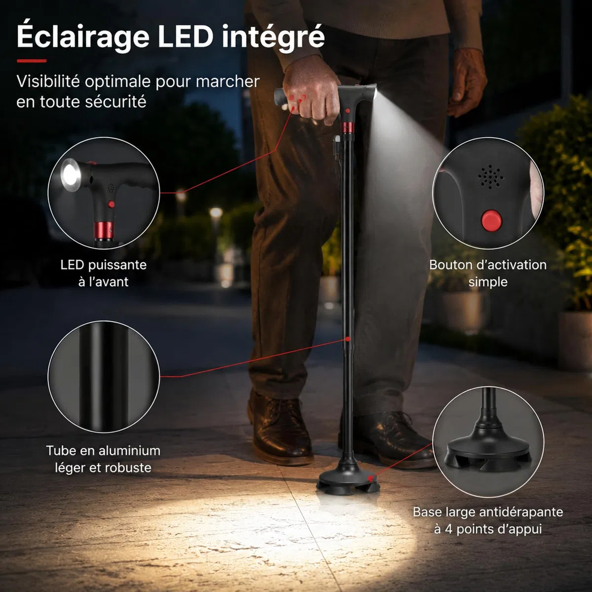 Astuvita Canne de Soutien avec Éclairage LED et Alarme de Sécurité - Canne de Marche Ergonomique et Lumineuse - Poignée Astuvita Confort - Aide à la Mobilité pour Senior - Pliable et Stable