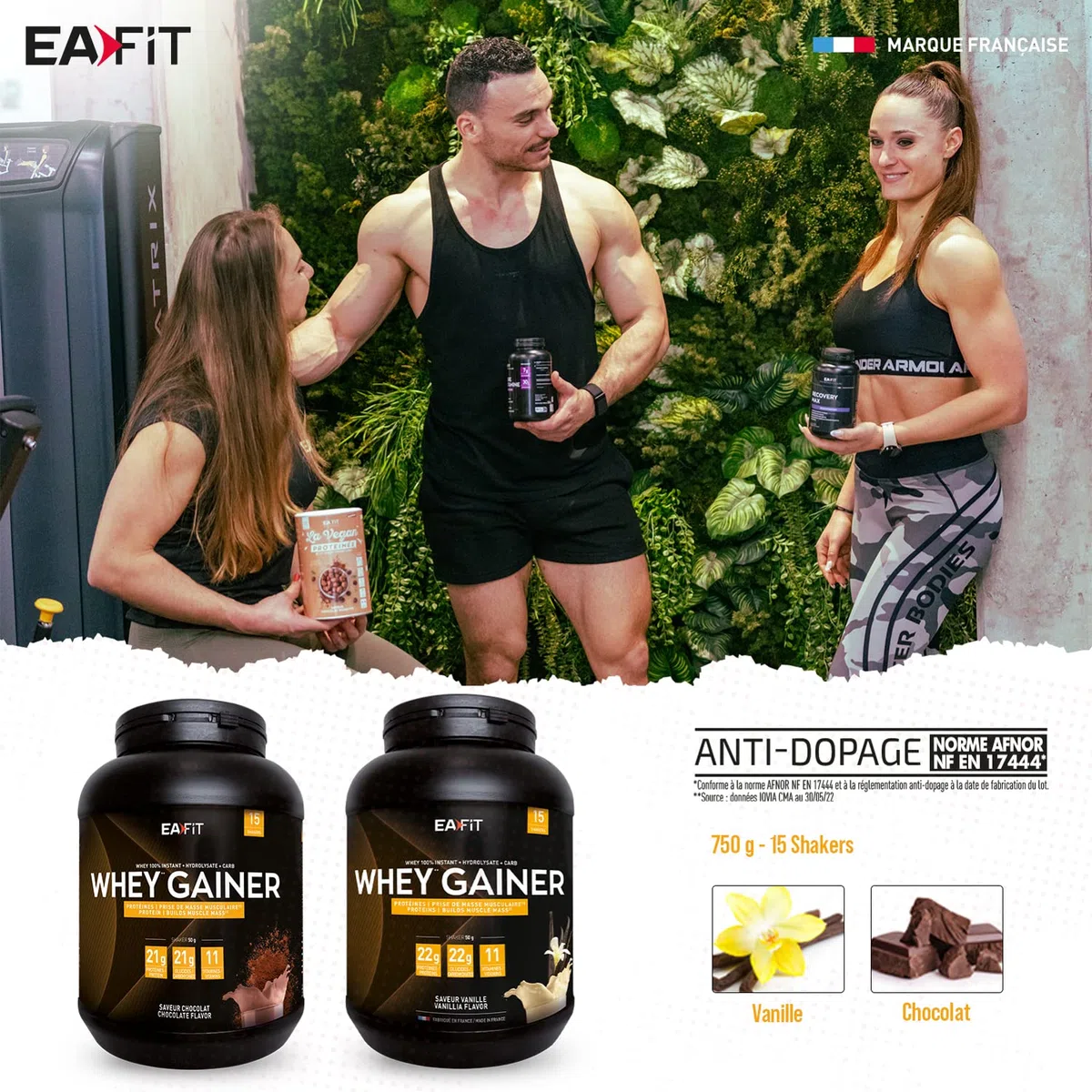 WHEY GAINER - EAFIT - Prise de masse musculaire et apport calorique - 22g de proteines de Whey + 22g de glucides + 11vitamines par shaker - Vanille 750g - Idéal pour le sport tel que la musculation