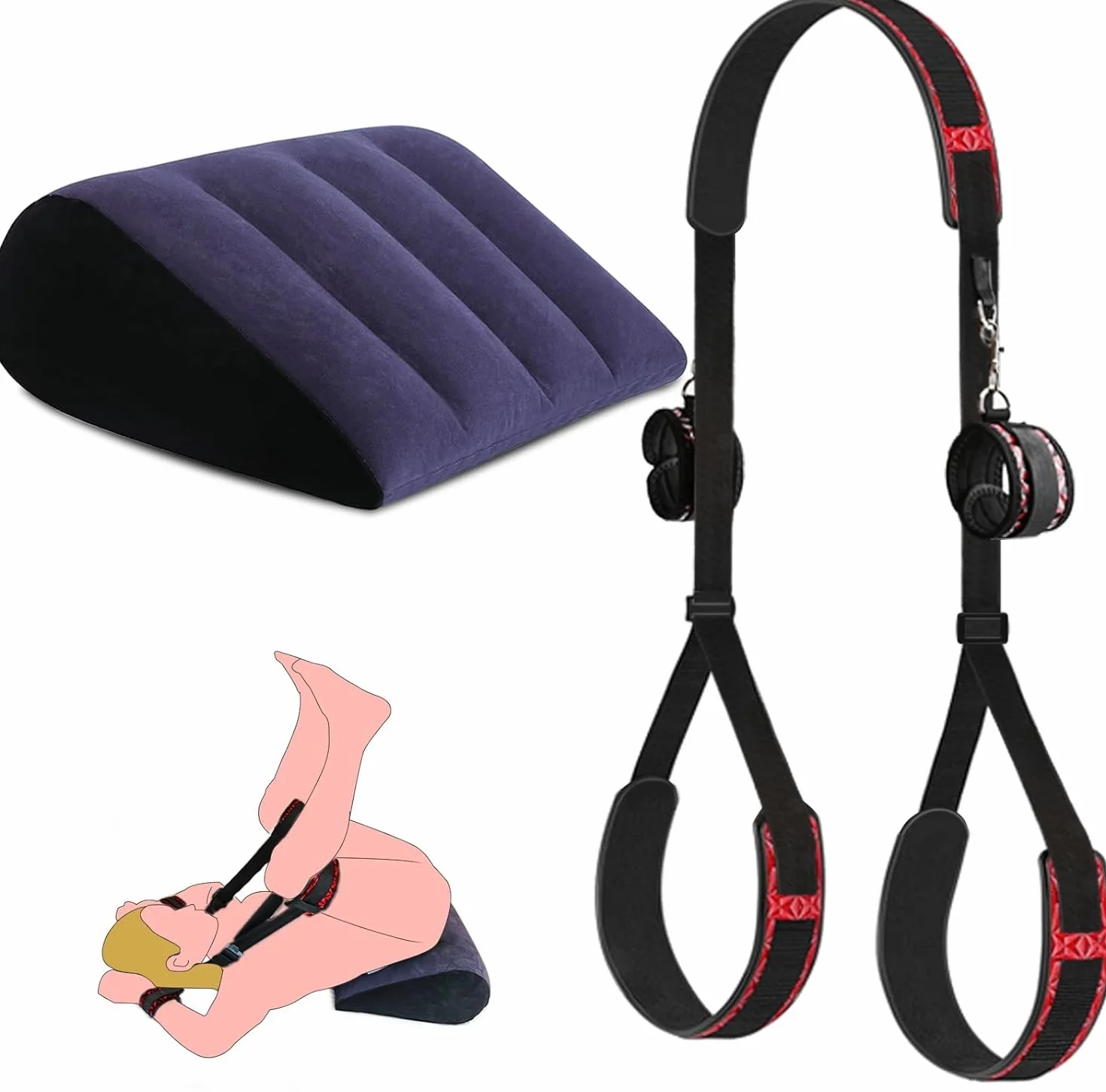 Sex Toys Position Coussin avec Sex Bondage Strap en cuir, Sex Ramp Meuble pour Couple soutien position profonde, Sex Harness Cuisses Restraint Attaches Sling réglables pour femmes hommes (Bleu)