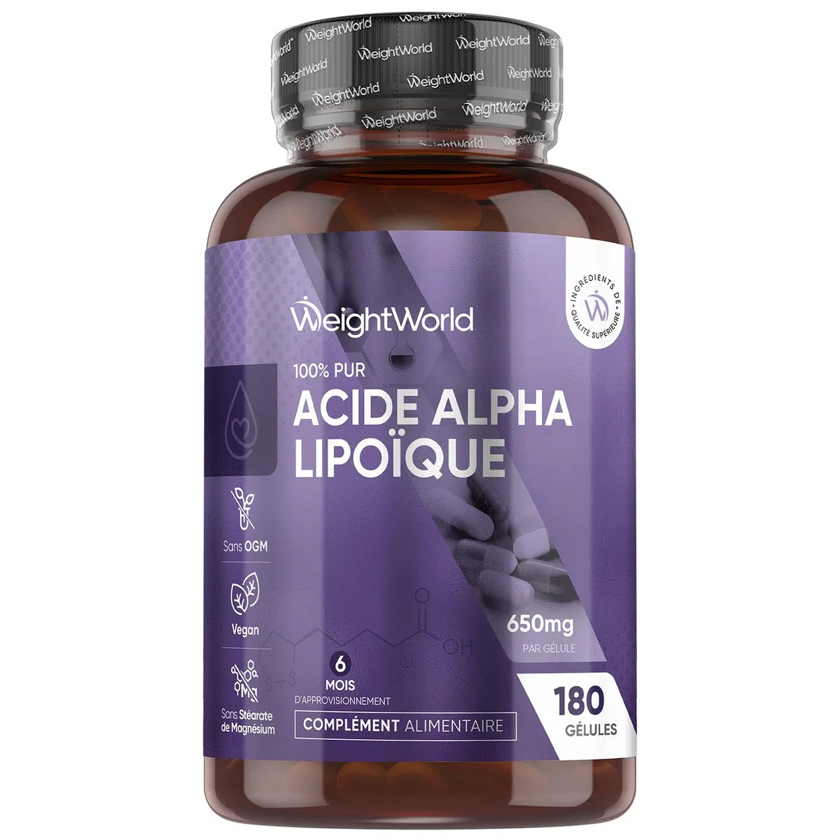 Acide Alpha-Lipoïque Pur ALA 650mg - 180 Gélules Vegan AAL (pour 6 Mois)