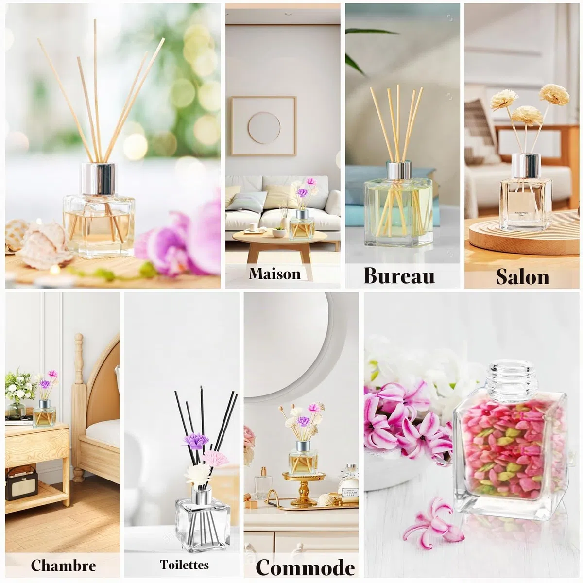 JSMTKJ Diffuseur Parfum Maison 4 Pcs Flacon Diffuseur en Verre Bouteille | Diffuseur Carré 50ml Diffuseur de Roseau pour Parfum Huile Essentielle Maison Chambre