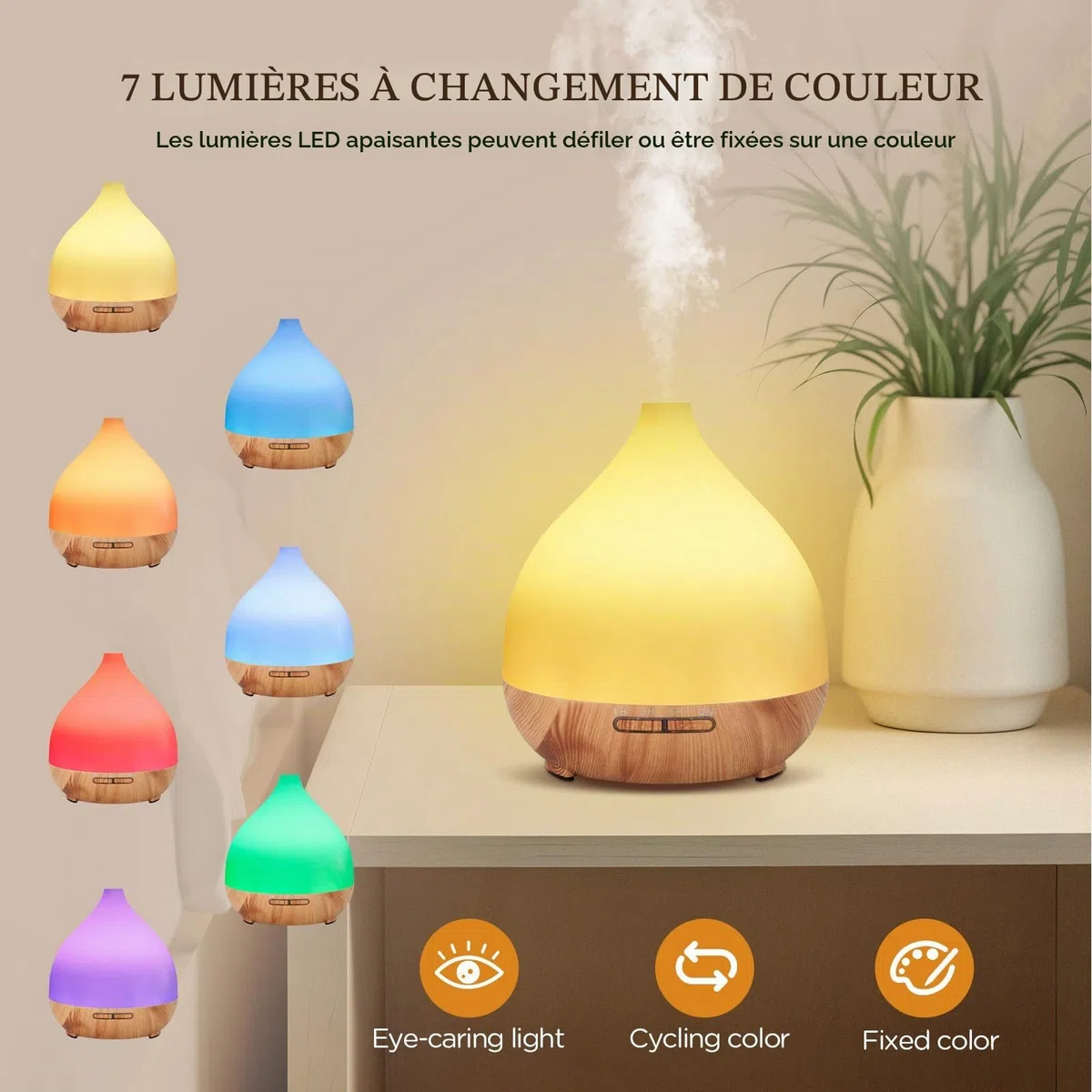 Cozary Diffuseur d'Huile Essentielle, 400ml Ultrasonique Diffuseur Huiles Essentielles Electrique avec Télécommande 3 Minuterie, 7 Couleurs LED Humidificateur d'air, Arrêt Automatique