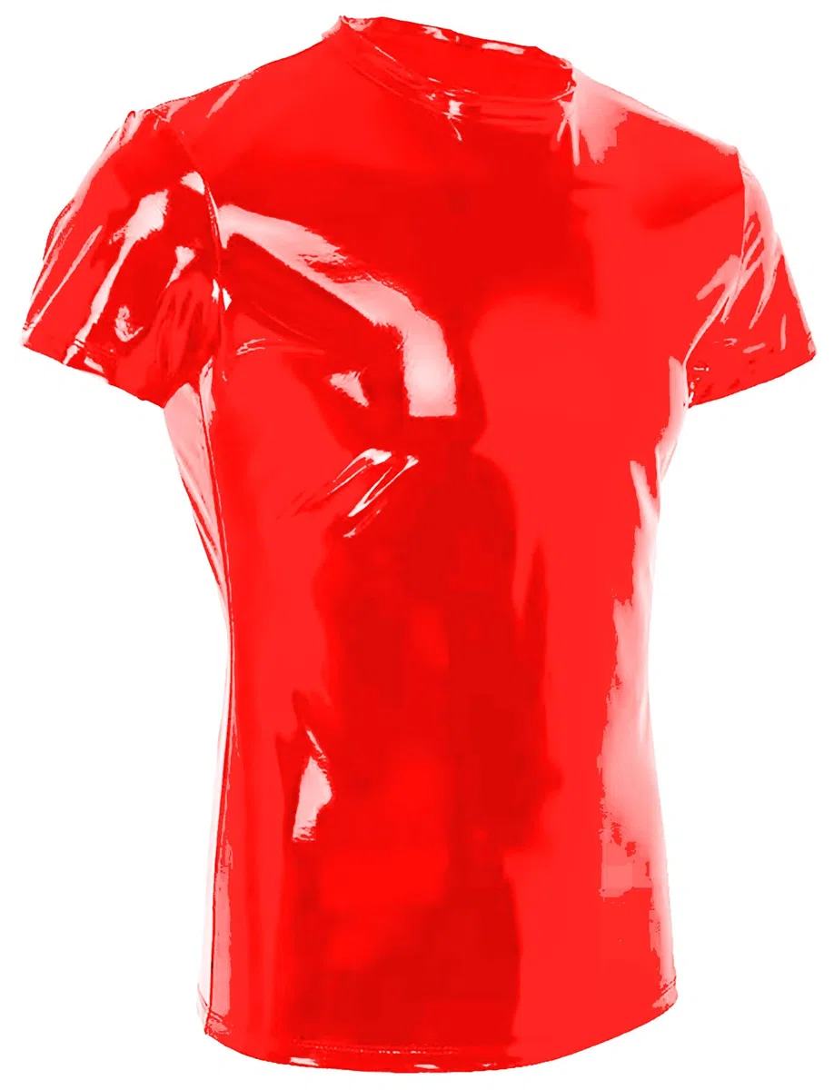 AIEOE T-shirt en cuir verni pour homme - Effet mouillé - Manches courtes - Sexy - Brillant - Tenue de fête