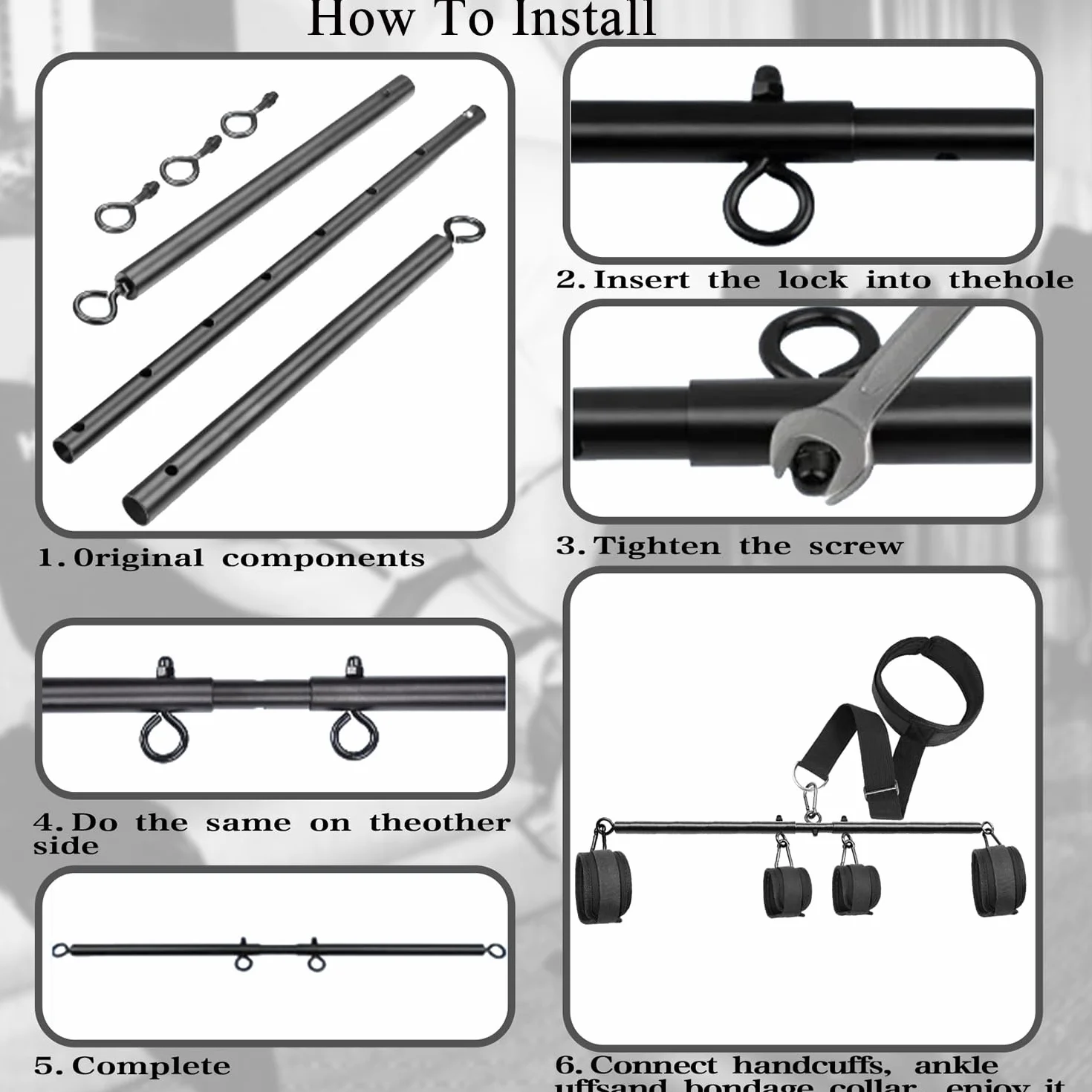Menottes BDSM, Kit de bondage polyvalent de cou à poignet avec barre d'écartement, menottes et chevillères réglables, jouets sexuels pour couples, jouets sexuels pour adultes pour jeux SM (56-91 cm)