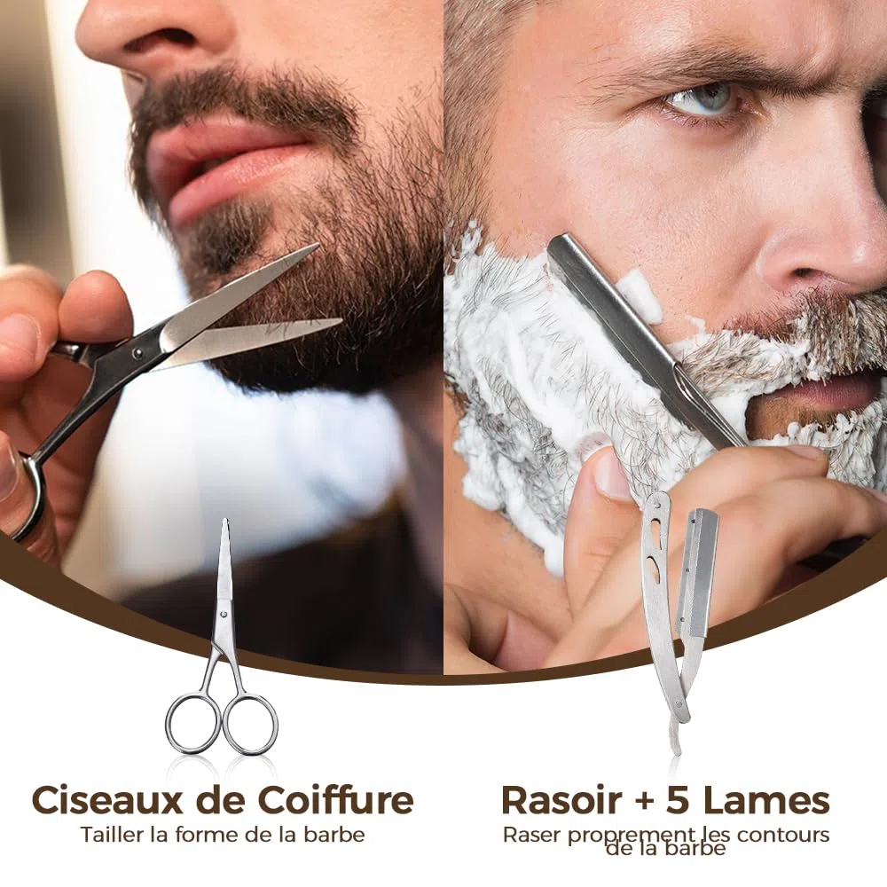 Bledras Kit Barbe Homme 13 en 1, Coffret Barbe Homme avec Huile à Barbe, Shampoing à Barbe, Crème à Barbe, Crayon à Barbe, Ciseaux à Barbe, Brosse à Barbe, Peigne à Barbe, Rasoir, 5 Lames de Rasoir