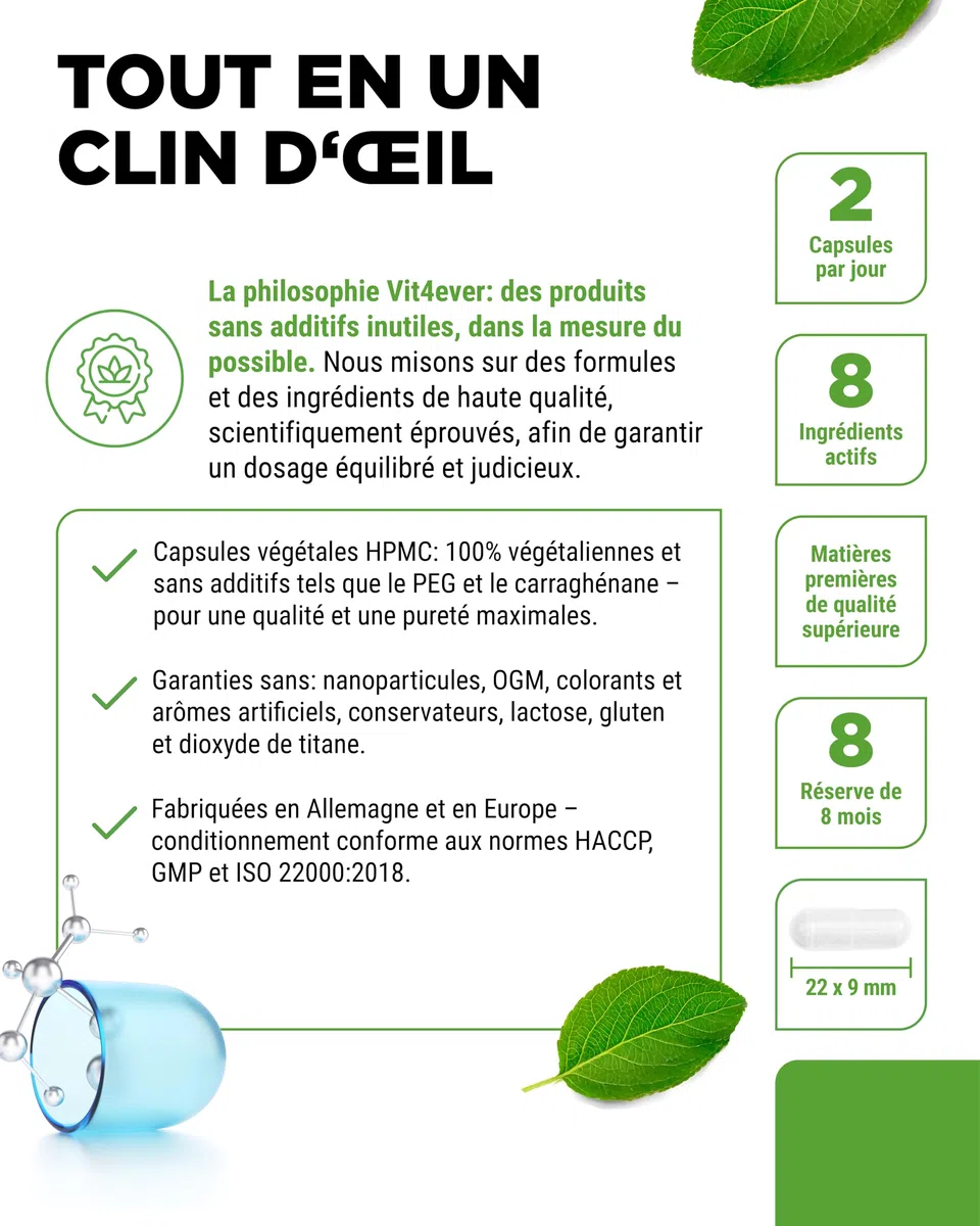 vit4ever Complexe Collagène Acide Hyaluronique - 240 Gélules - Premium: avec de la Biotine Bioactive, du Sélénium, du Zinc, de la Vitamine C Naturelle Issue de l'Acérola et du Silicium Issu du Bambou