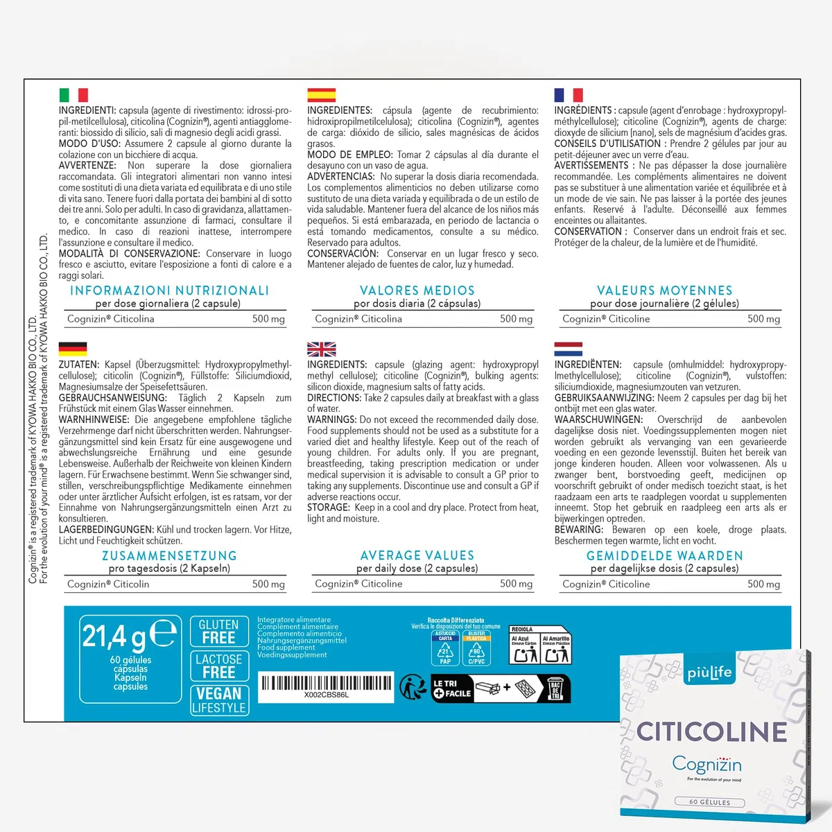 Citicoline Cognizin 500 mg PiùLife – Complément Alimentaire Memoire et Concentration – CDP Choline, Précurseur de Phosphatidylcholine et Acétylcholine – 2 Gélules par Jour, Sans Lactose, Sans Gluten
