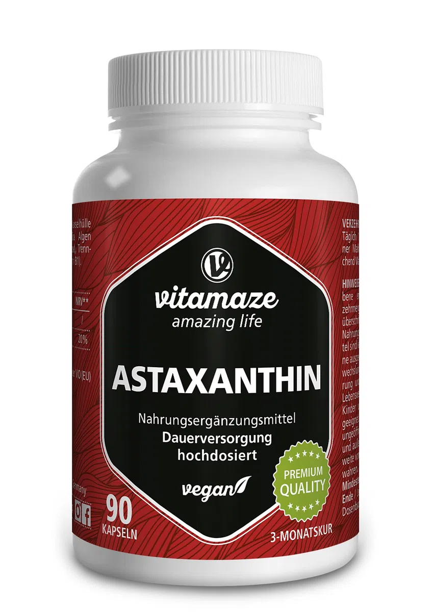 Astaxanthine avec Thiamine pour 3 Mois - 4mg Pure Astaxanthine a partir de Algues Haematococcus - Naturelle et Vegan en Poudre provenant D'Algues, 90 Capsules