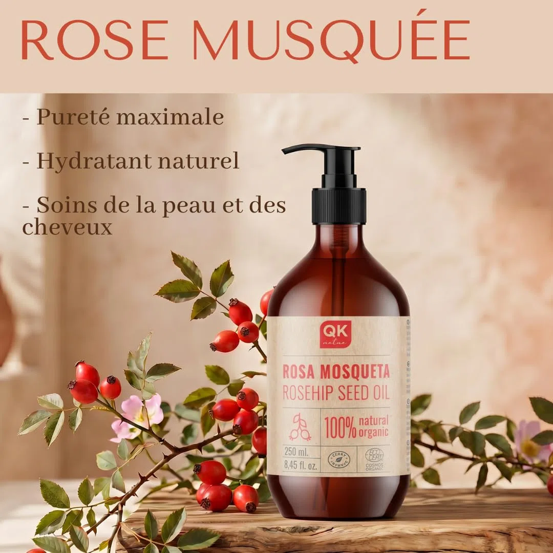 QKnatur - Huile de Rose Musquée 100% Naturel Bio Vegan - 250 ml - Cicatrices et Vergetures - Anti-rides Anti-âge - BIO - Pressée à Froid
