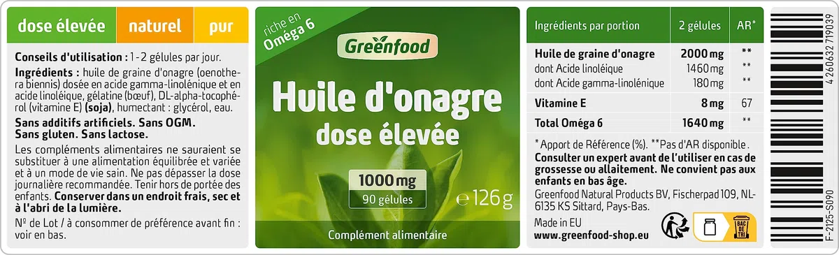 Greenfood Huile d'onagre, 1000 mg, dose élevée, 90 gélules - Sans additifs artificiels. Sans génie génétique.