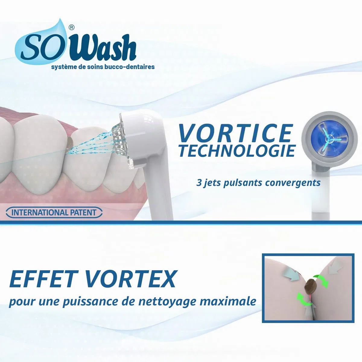 Jet dentaire SOWASH TRIO, Se connecte au robinet, Hydropulseur Dentaire Sans piles ni électricité, 1 tête Vortice + 1 tête de Vortice Brush + 1 tête Hydrojet, Produit italien