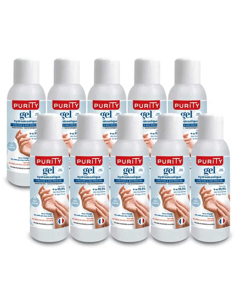 10 Mini-flacons de 100ml - Gel Hydroalcoolique Purity 703 - Sans parfum
