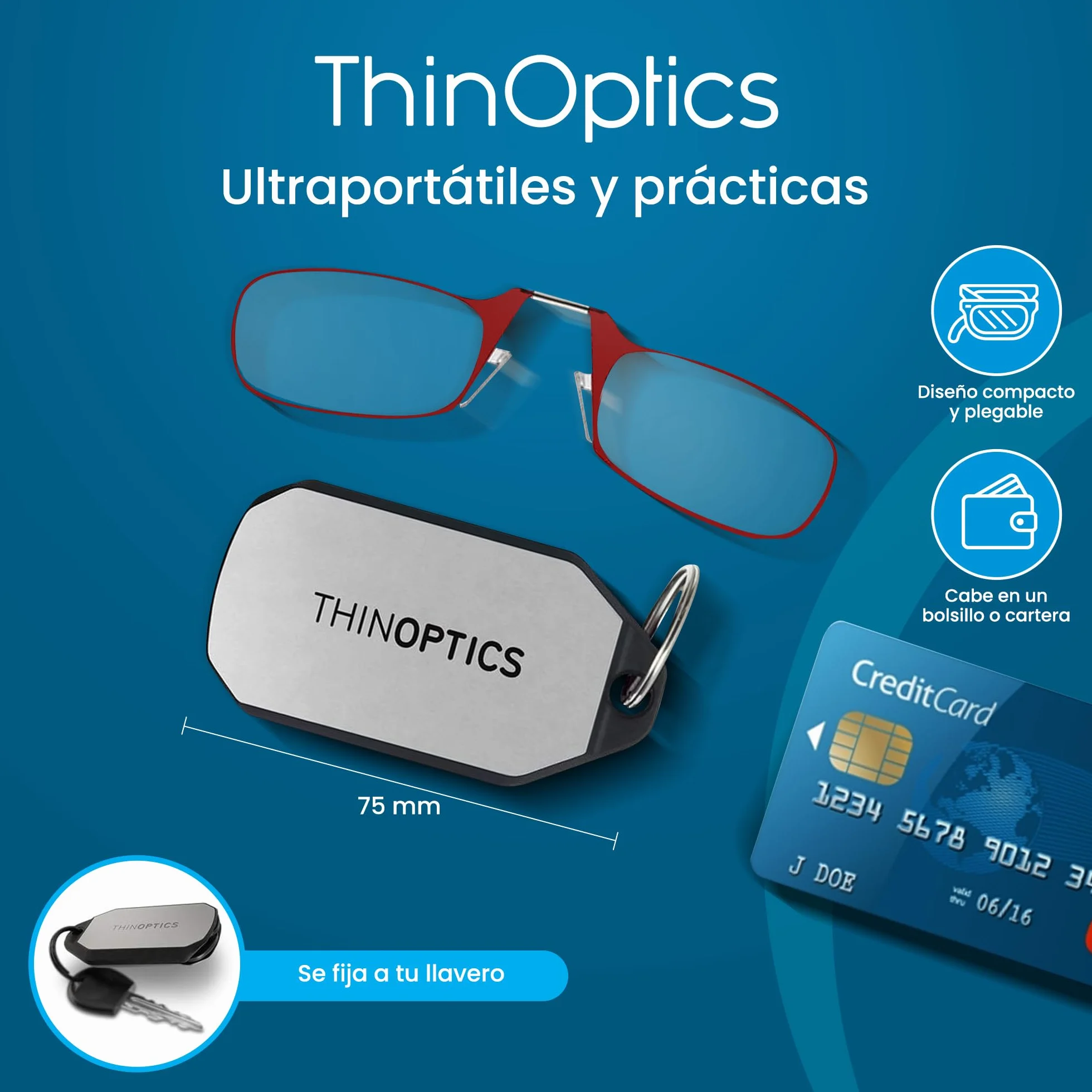 ThinOptics Lunettes De Lecture Avec Étui Porte-clés - Unisexe Homme Femme - Lunettes De Lecture Compactes, Pliables Et Légères Avec Technologie Flex-fit