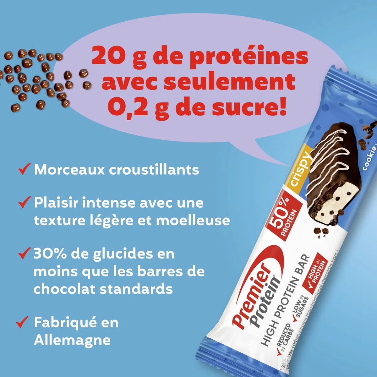 Premier Protein High Protein Bar Crispy Cookie 16x40g - High Protein Low Sugar Riegel + Palmölfrei