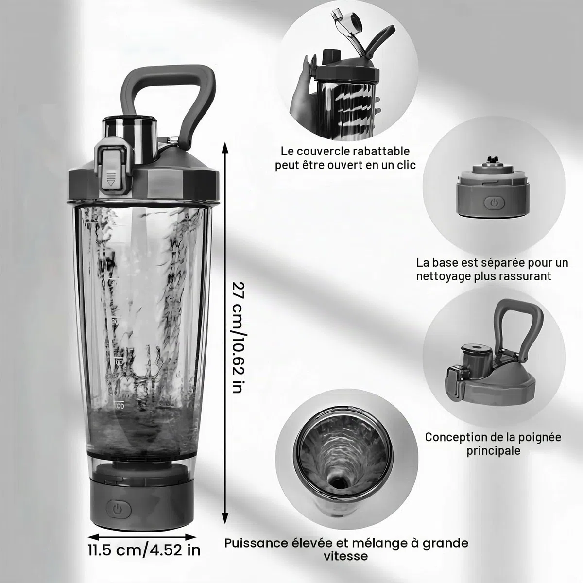 BORDEAG Shaker Électrique à Protéines USB - Bouteille de 600 ml pour Shakes Protéinés et Substituts de Repas (Noir)
