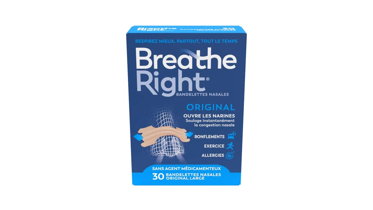 Breathe Right Original - Bandelette nasale - Taille Large - Sommeil : aide à réduire les ronflements - Rhume, allergies, sport : vous aide à mieux respirer - couleur peau, 30 pièces