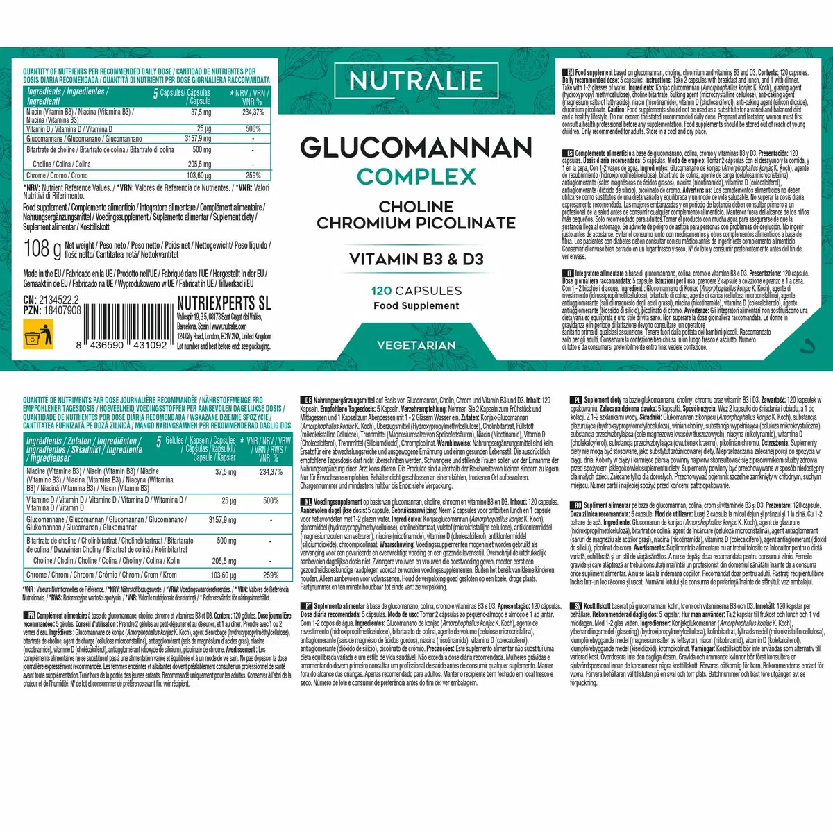Konjac Glucomannane 3000mg Contribue à la Perte de Poids Dans Régime Hypocalorique - Bitartrate de Choline + Picolinate de Chrome Vitamines B3 D3-120 Gélules Végétales Glucomannan Complex Nutralie