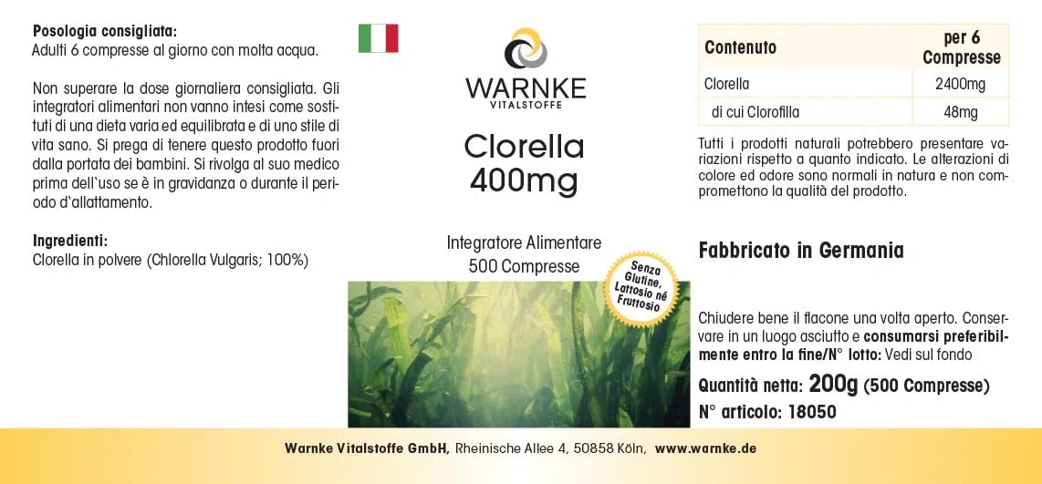 Chlorella 400 mg - 500 comprimés - faciles à avaler - poudre d'algue Chlorella vulgaris - avec chlorophylle - végétalien - grand format | Warnke Vitalstoffe - Qualité pharmaceutique allemande