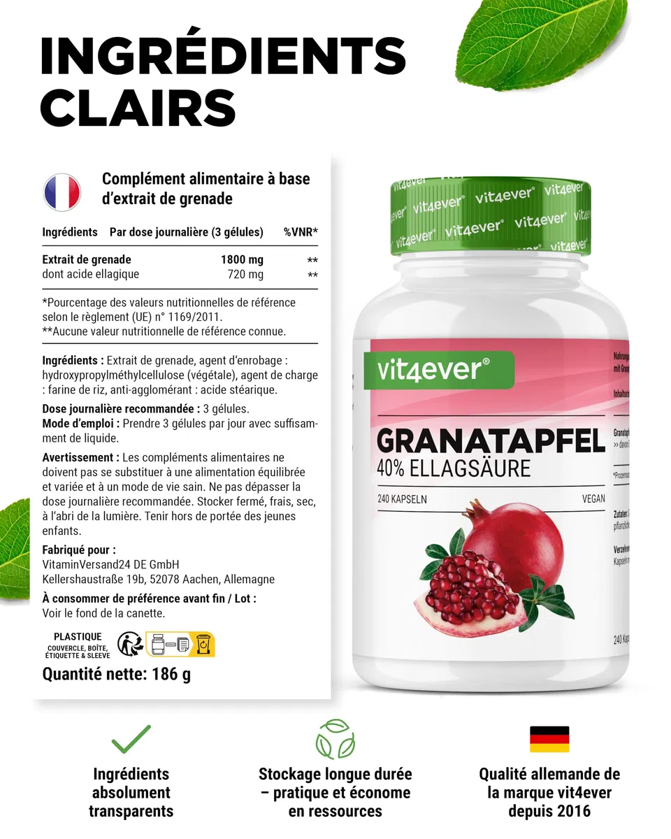 Extrait de Grenade - 240 gélules végétaliennes - Extrait naturel de première qualité avec 40% d'acide ellagique - Hautement dosé - Végétalien