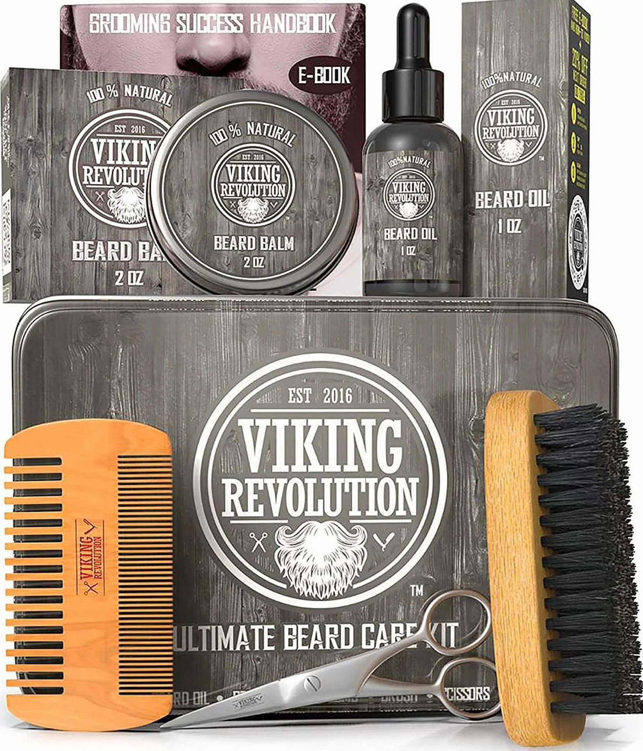 Viking Revolution - Kit Barbe Homme - Inclus Brosse Barbe en Poils de Sanglier, Peigne Barbe en Bois, Baume Barbe & Huile Barbe Homme, Ciseaux Barbe & Moustache - Cadeau Homme