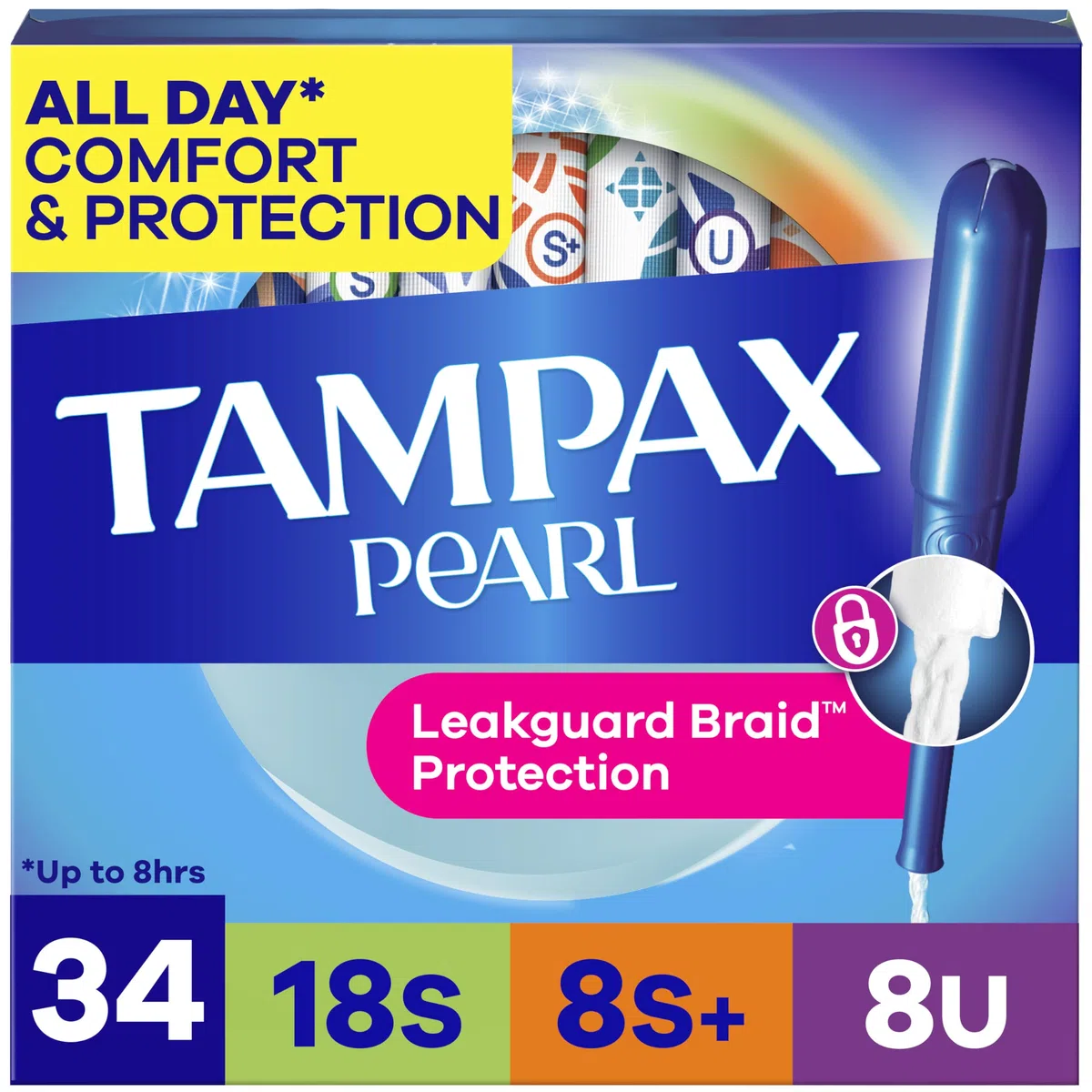 Tampax Pearl Lot de 34 tampons Super/Super Plus/Ultra absorbants avec applicateur en plastique sans BPA et tresse LeakGuard, non parfumés, 34 pièces