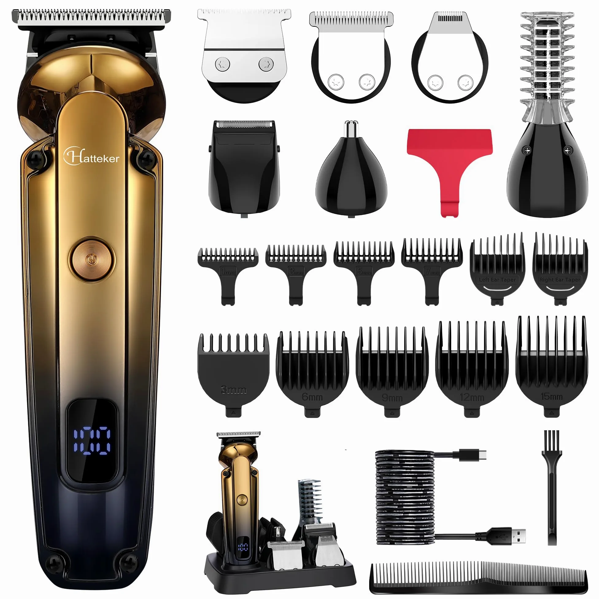 Hatteker Kit Tondeuse à Barbe Professionnel Avec Zero Gap T-Blade Tondeuse Rasoir Électrique Pour Le Nez Oreille Barbe Hommes Body Tondeuse Imperméable à l'eau Sans Fil Beauty Kit 6 en 1