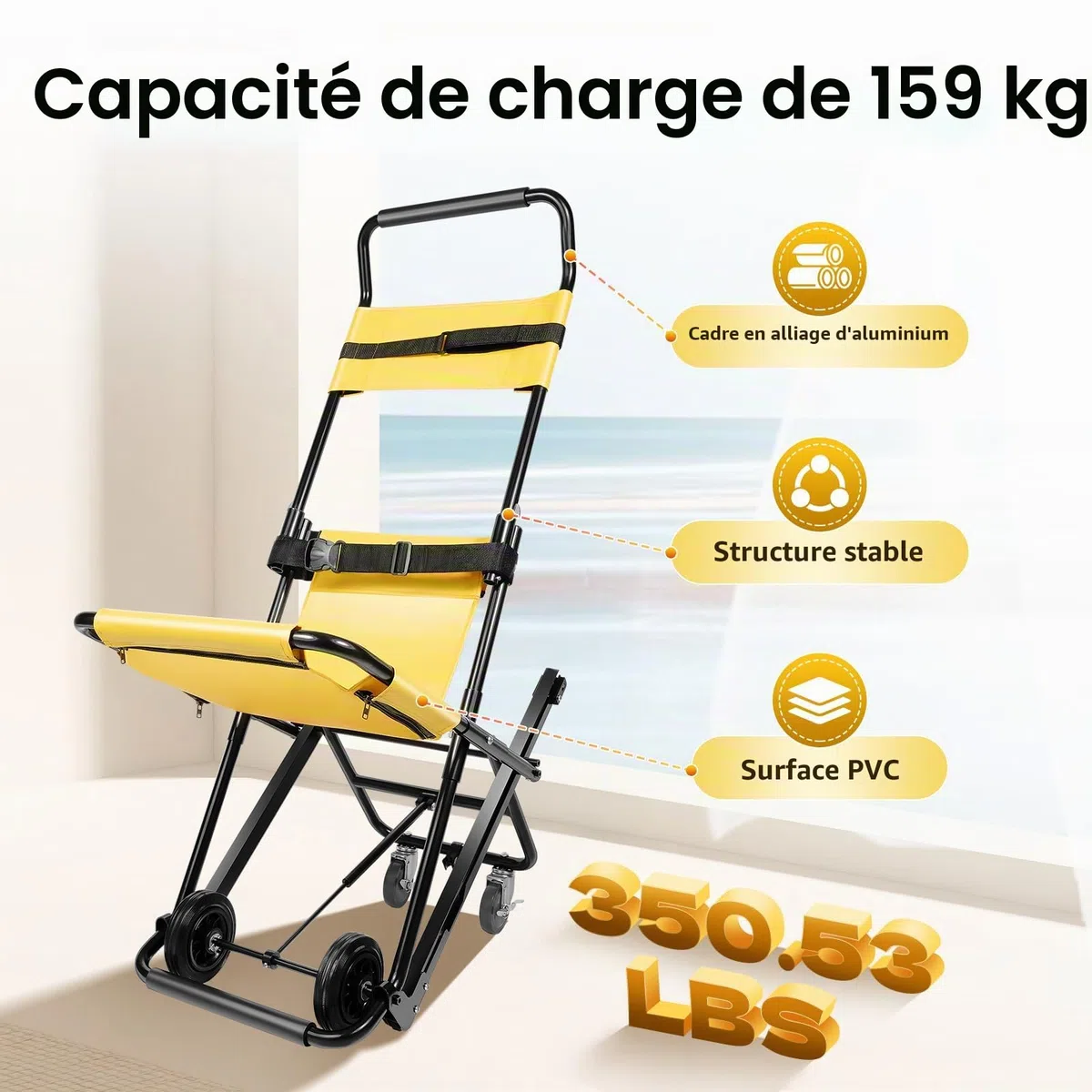 Monte-Escalier Portable, Fauteuil Roulant, Chaise d'Escalier Pliable et Manuelle en Aluminium - Capacité 159 kg - Pour Personnes Âgées et Handicapées - 90 x 54 x 156 cm