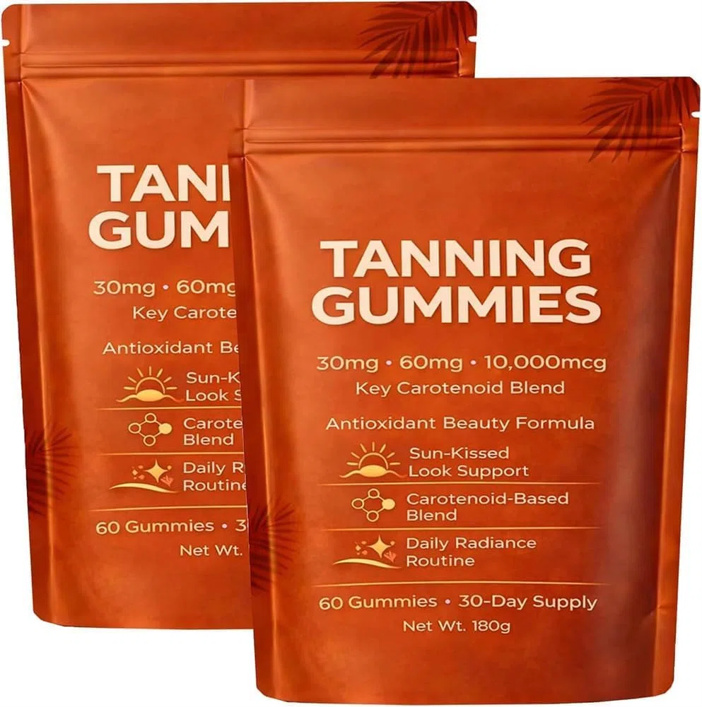 Lot de 2 gommes bronzantes pour bronzage rapide sans soleil, astaxanthine, bêta-carotène et lycopène avec vitamines C et E, améliorant le teint naturel de la peau