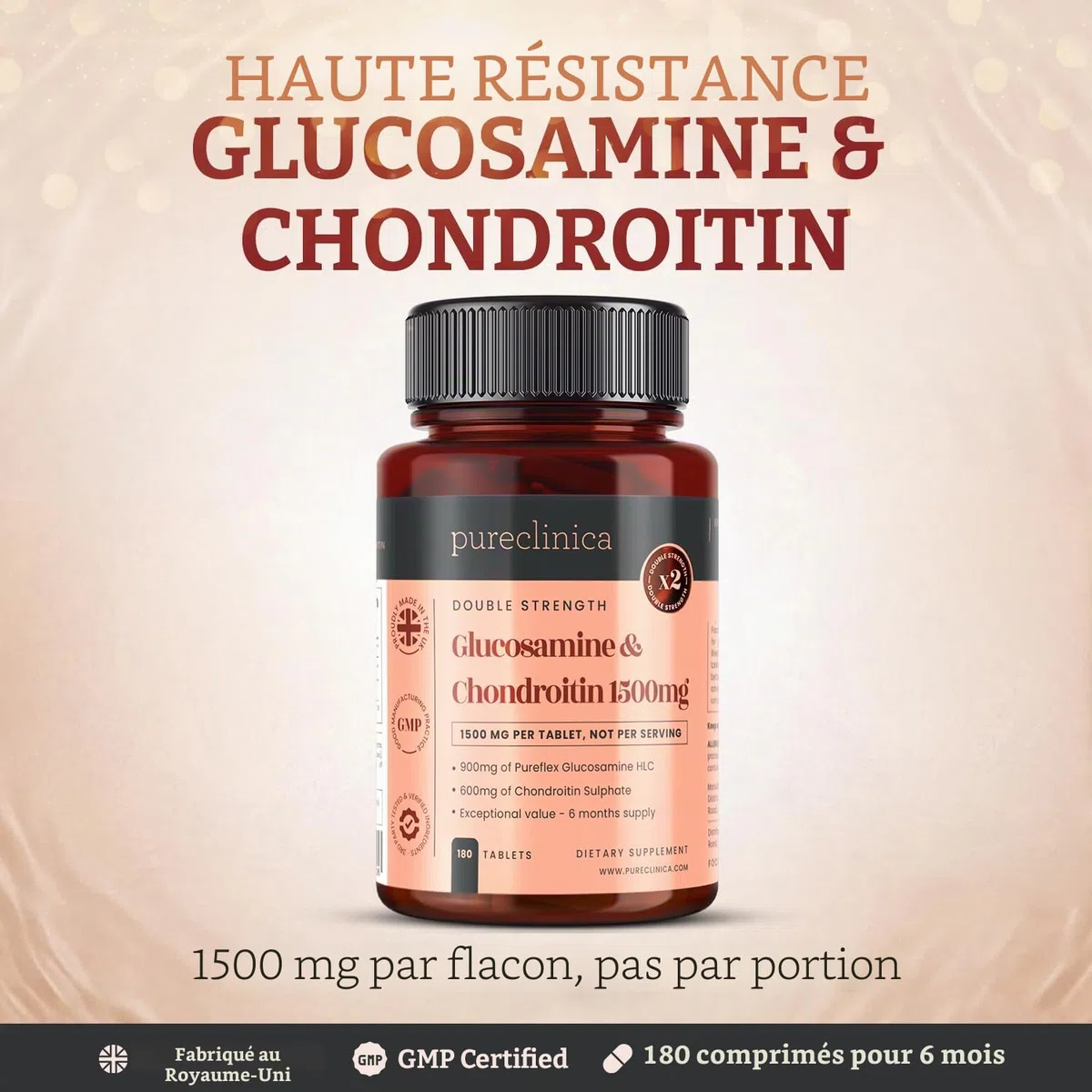 180 comprimés de glucosamine HCL et de chondroïtine à forte force 1500 mg - 6 mois de réserve