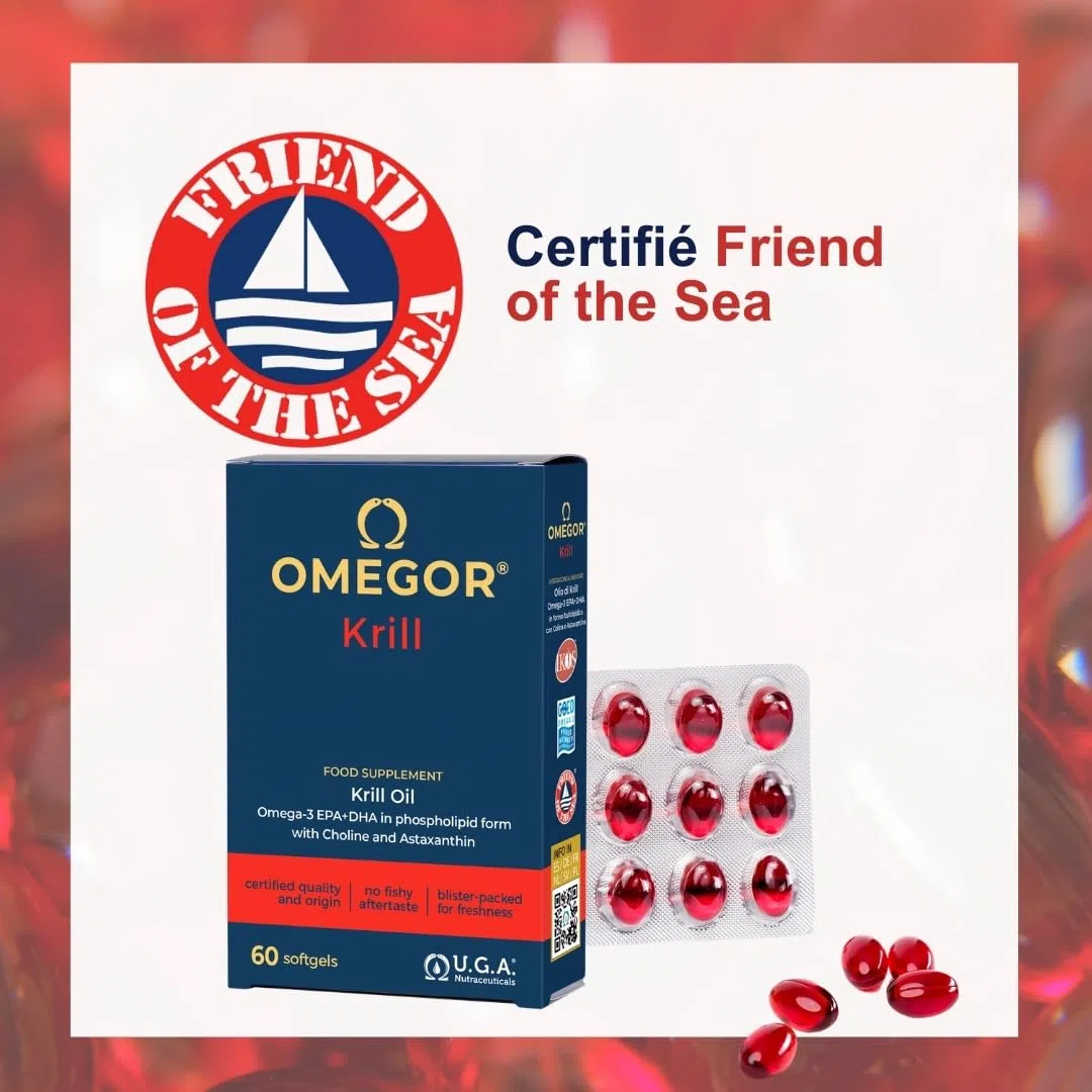 Omegor Krill - Complément alimentaire avec phospholipides, choline, Oméga-3 et astaxanthine à haute biodisponibilité - 260 mg d'EPA et DHA - Sans arrière-goût - Facile à avaler - 60 capsules