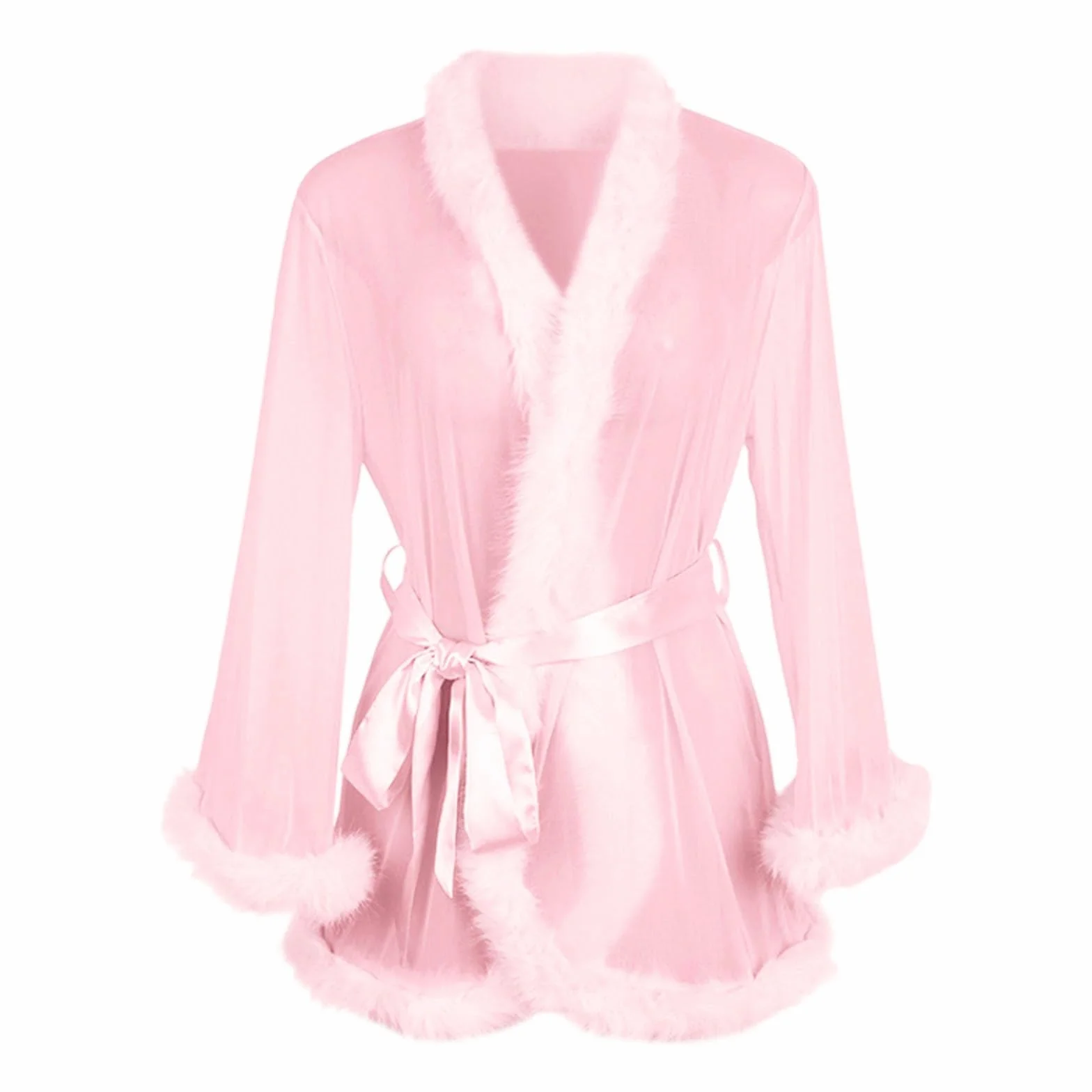 Kimono Nuisette érotique en tulle pour femme avec plumes et nuisette transparente Robe courte sexy Vêtements de nuit Grandes tailles Nuisette avec ceinture Peignoir de bain Négligé