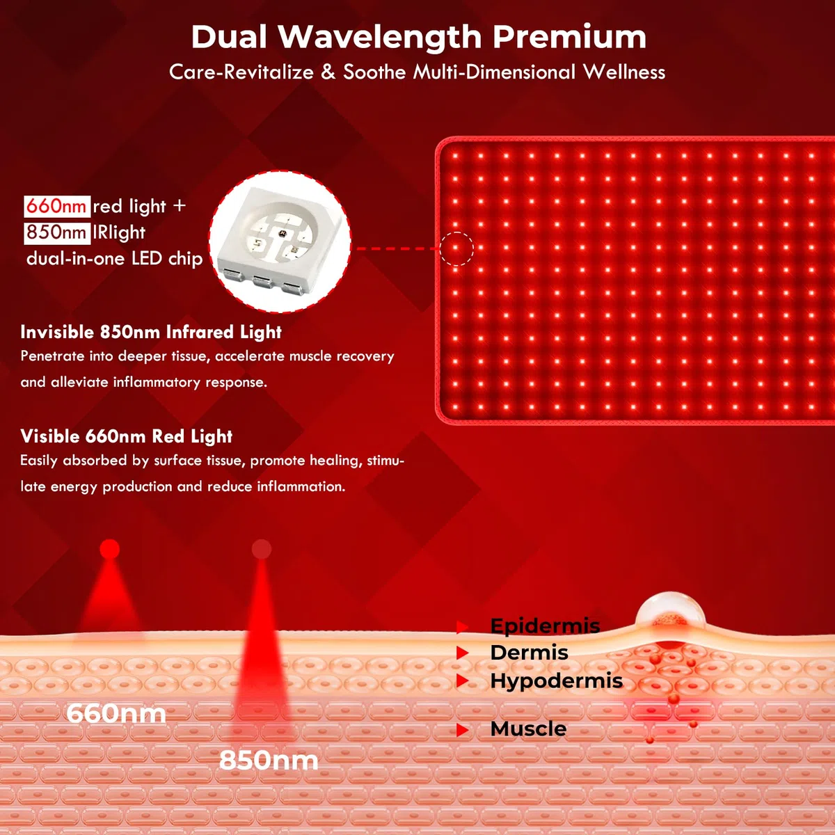 Tapis lumineux rouge pour le corps, 360 LED, pavé lumineux flexible proche infrarouge, 660 nm et 850 nm pour le dos, le ventre et les genoux, 9 minuteries et 5 niveaux de luminosité, 3 modes