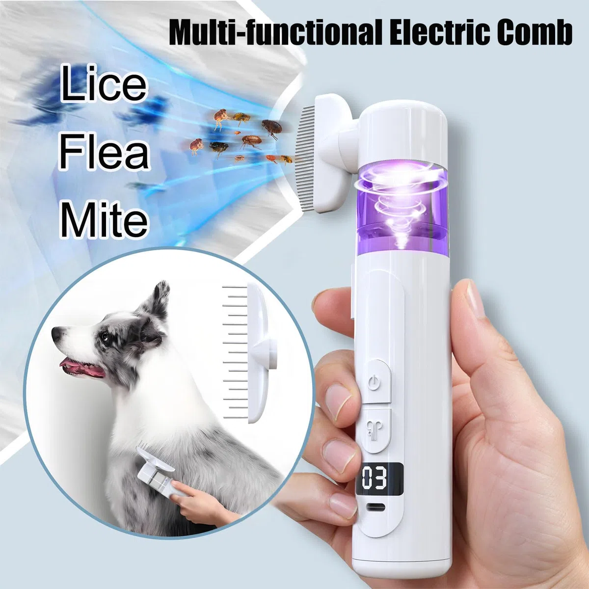 Peigne Anti Poux Electrique Peigne Anti-puces pour Animaux de Compagnie 2 en 1 Aspirateur a Poux Professionnel Poux Outil de Nettoyage Peignes Électrique pour Personnes et Animaux de Compagnie (Blanc)