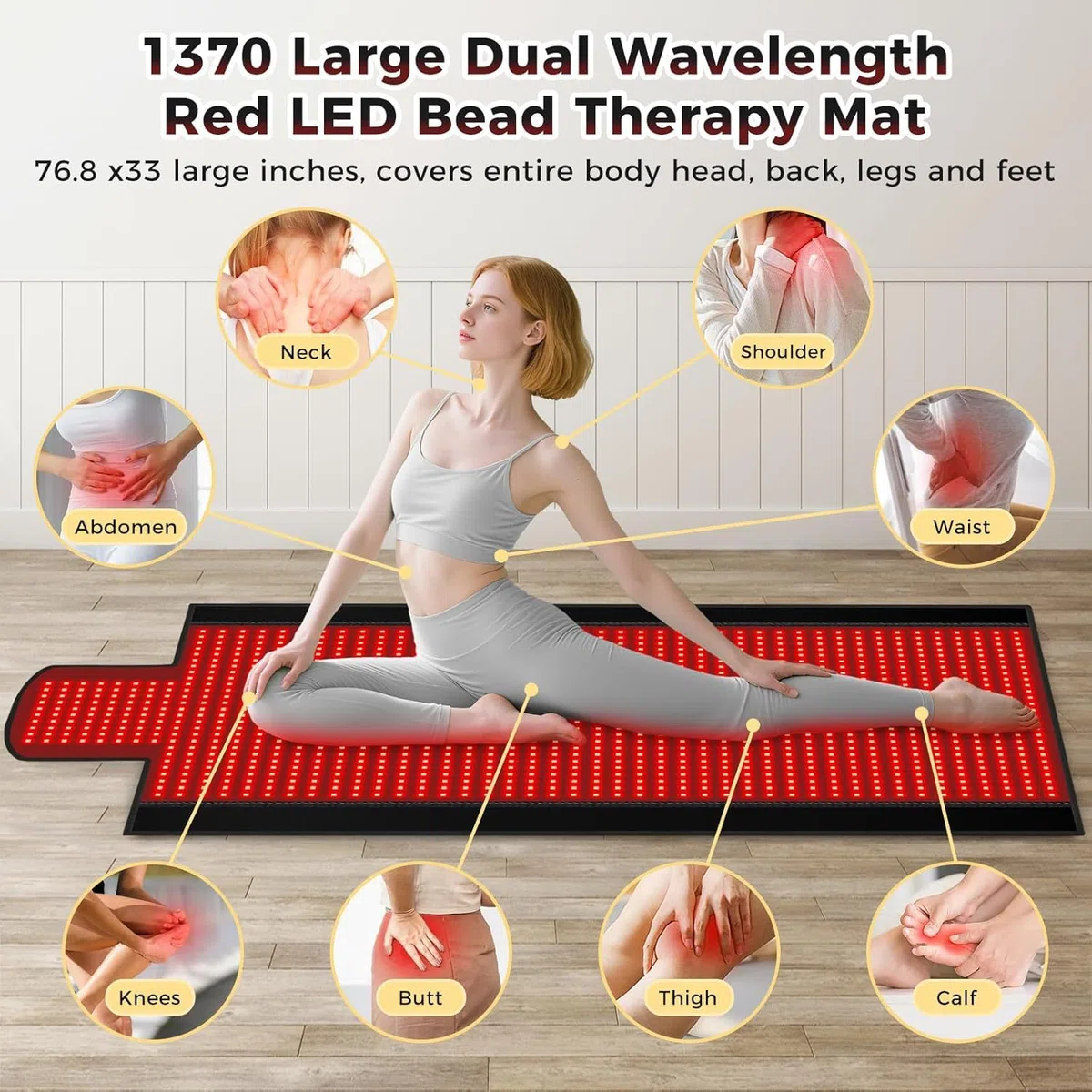 Tapis lumineux rouge de 195,6 x 86,4 cm pour le corps, couverture de lumière rouge, 1370 LED 2 en 1 (660 nm et 850 nm), cuir de qualité supérieure, 3 modes et minuterie réglable