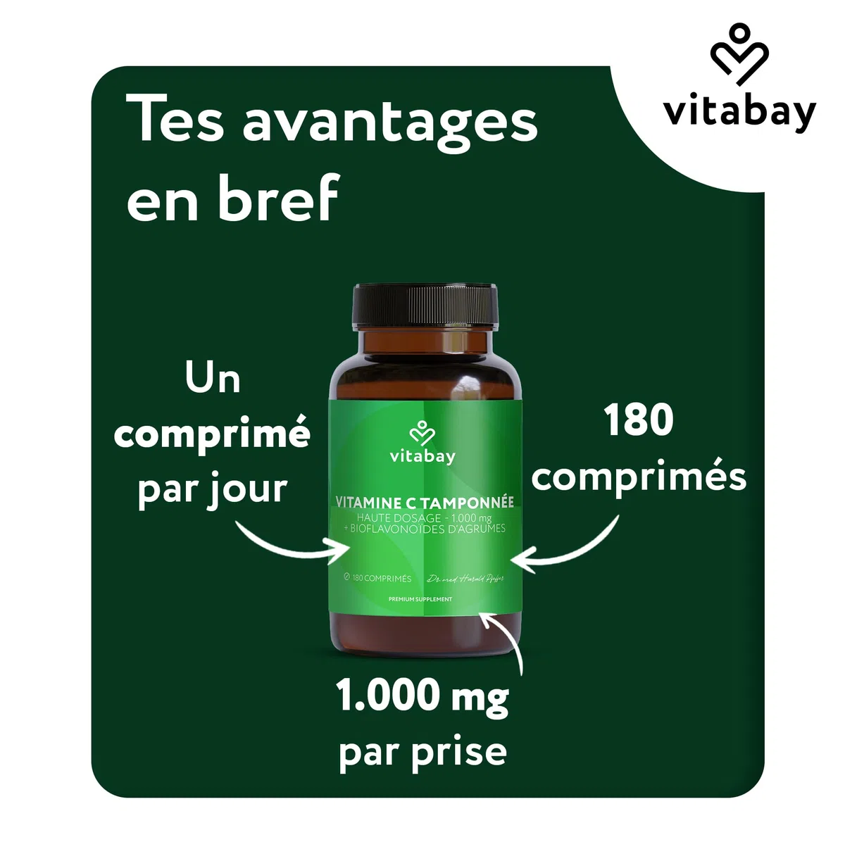 Vitabay Vitamine C 1000 mg - 180 Comprimés de Vitamine C Naturelle à Libération Prolongée - Végane sans Additifs et à Haute Dose - Vitamine C avec Bioflavonoïdes d'Agrumes - Vérifié en Laboratoire