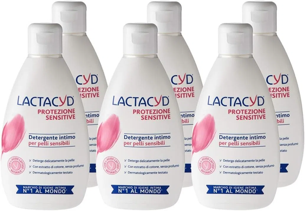 Lactacyd Sensitive Protection, nettoyant d'hygiène intime adapté aux peaux sensibles, avec de l'acide lactique biotechnologique et de l'extrait de coton, pack de 6 pièces (6 x 300 ml)